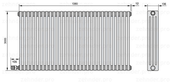 Схема (чертеж) Радиатор Zehnder Charleston 4300/30 №V003 Белый глянцевый RAL 9016